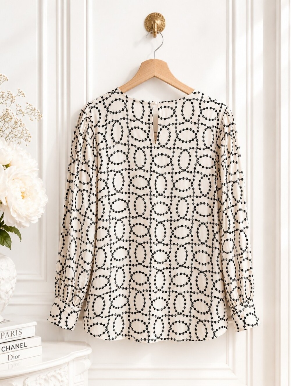 Philosophy Blouse | Size 3X | Ivory Black Geometric Print Long Sleeve Top - Picture 7 of 11